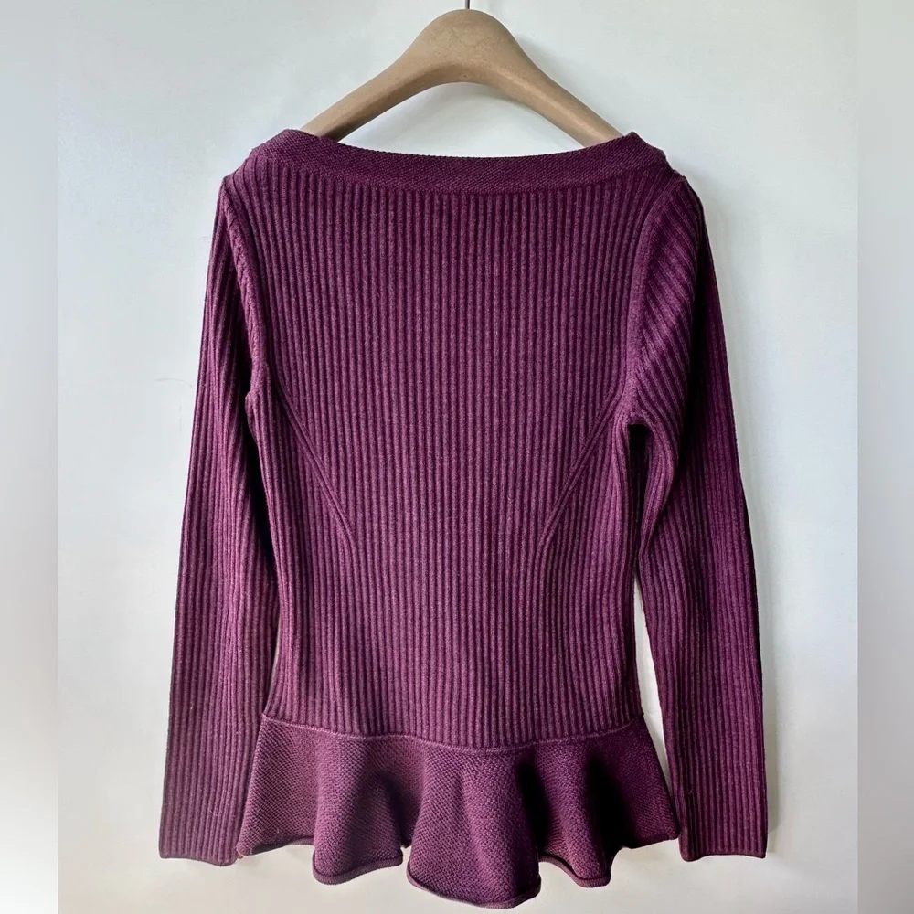 EUC Tory Burch Ramona Merino Peplum Sweater, Plum color, boat neck, size M